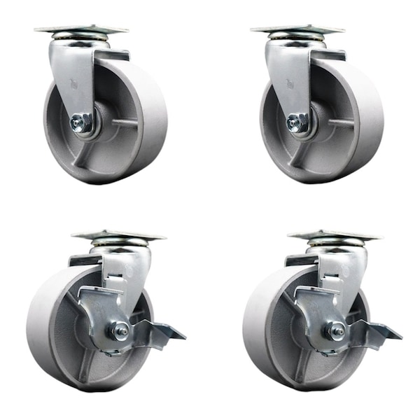 5'' Semi Steel Cast Iron Swivel Caster Set with Bronze Bearings 2 Brakes, 4PK